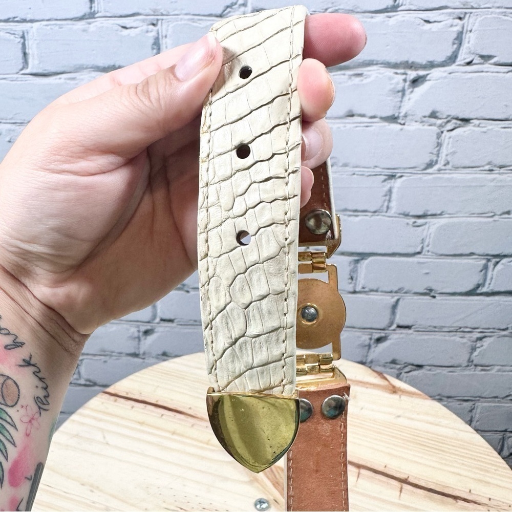 Vintage El General Genuine Caiman Skin Belt Cream Gold Metal Lion Western 40 - Picture 7 of 16